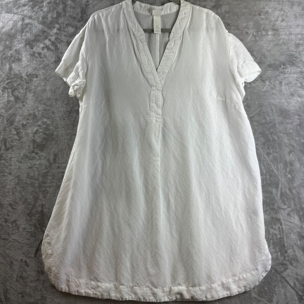 H&M Linen Blend Tunic Dress Womens Large White V-Neck Short‎ Sleeve (1709)